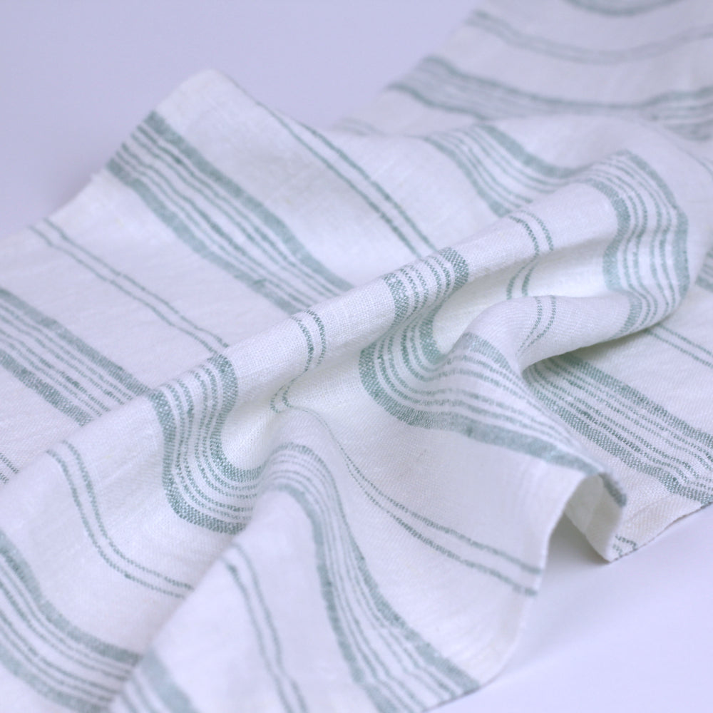 Linen Guest Towel - Stonewashed - White with Light Green Stripes and Frayed Edges - Luxury Thick Linen