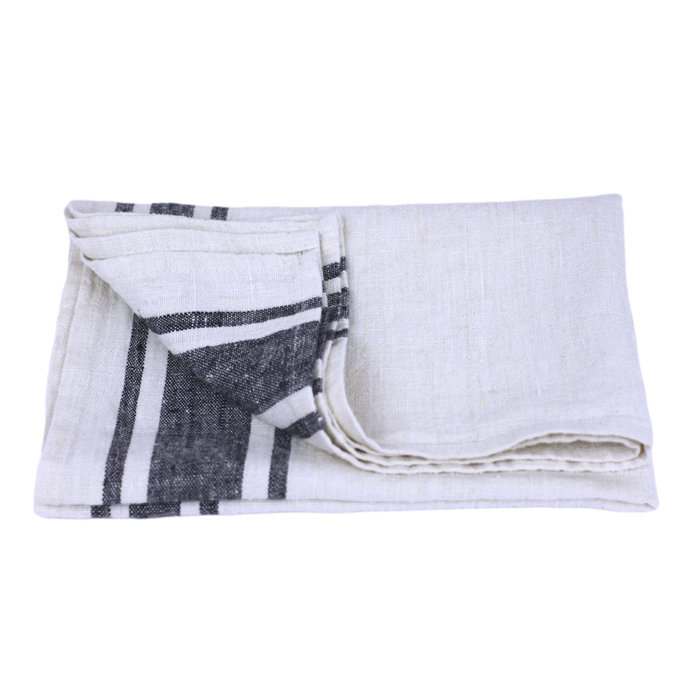 Linen Hand Towel - Stonewashed - Antique White with Black Stripes - Luxury Thick Linen