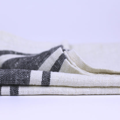 Linen Hand Towel - Stonewashed - Antique White with Black Stripes - Luxury Thick Linen