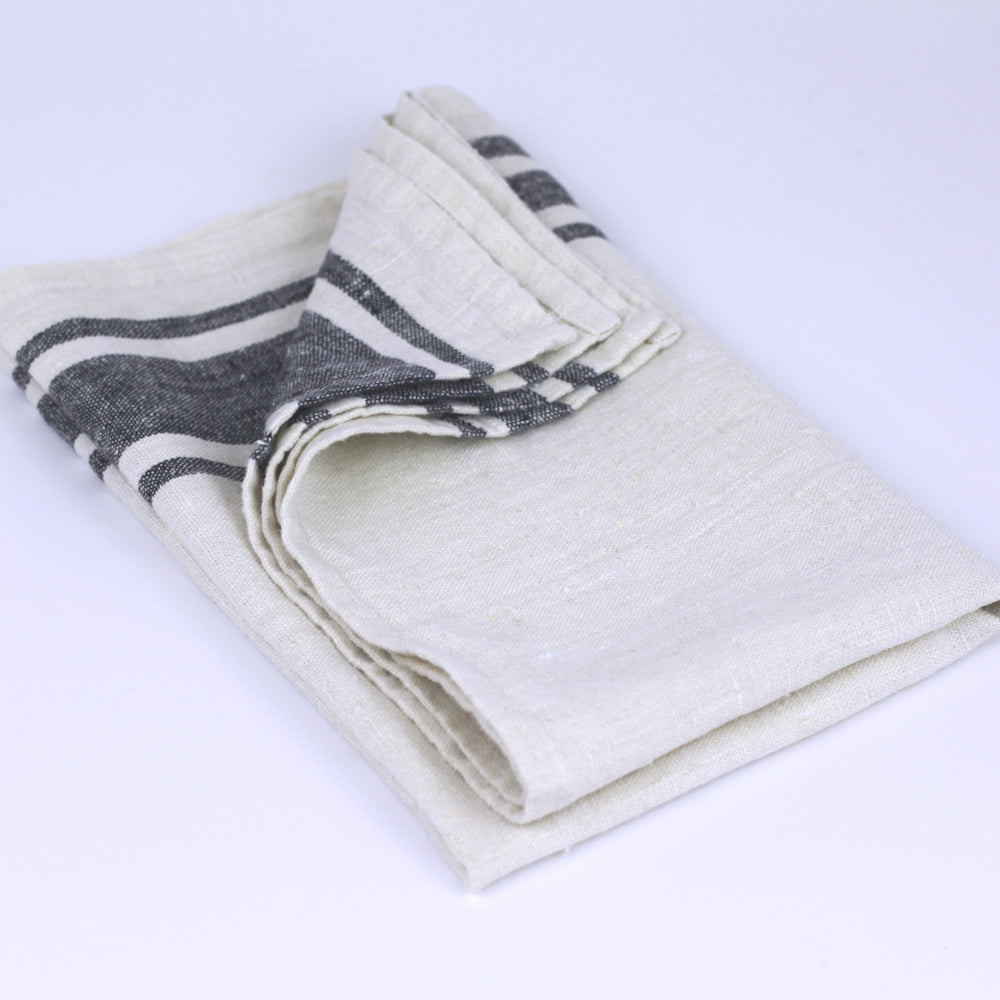 Linen Hand Towel - Stonewashed - Antique White with Black Stripes - Luxury Thick Linen