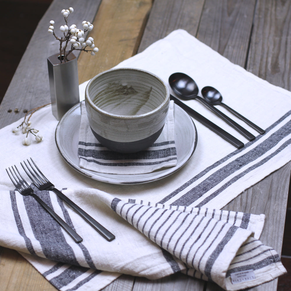 Linen Placemat - Stonewashed -  Antique White with Black Stripes - Luxury Thick Linen