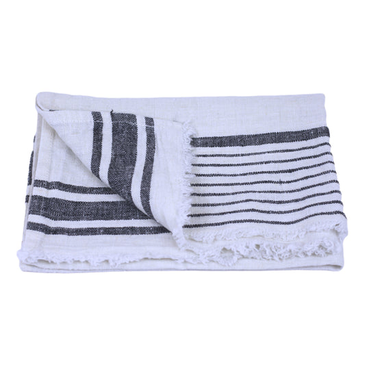 Linen Hand Towel - Stonewashed - Antique White with Black Stripes 2 and Frayed Edges - Luxury Thick Linen
