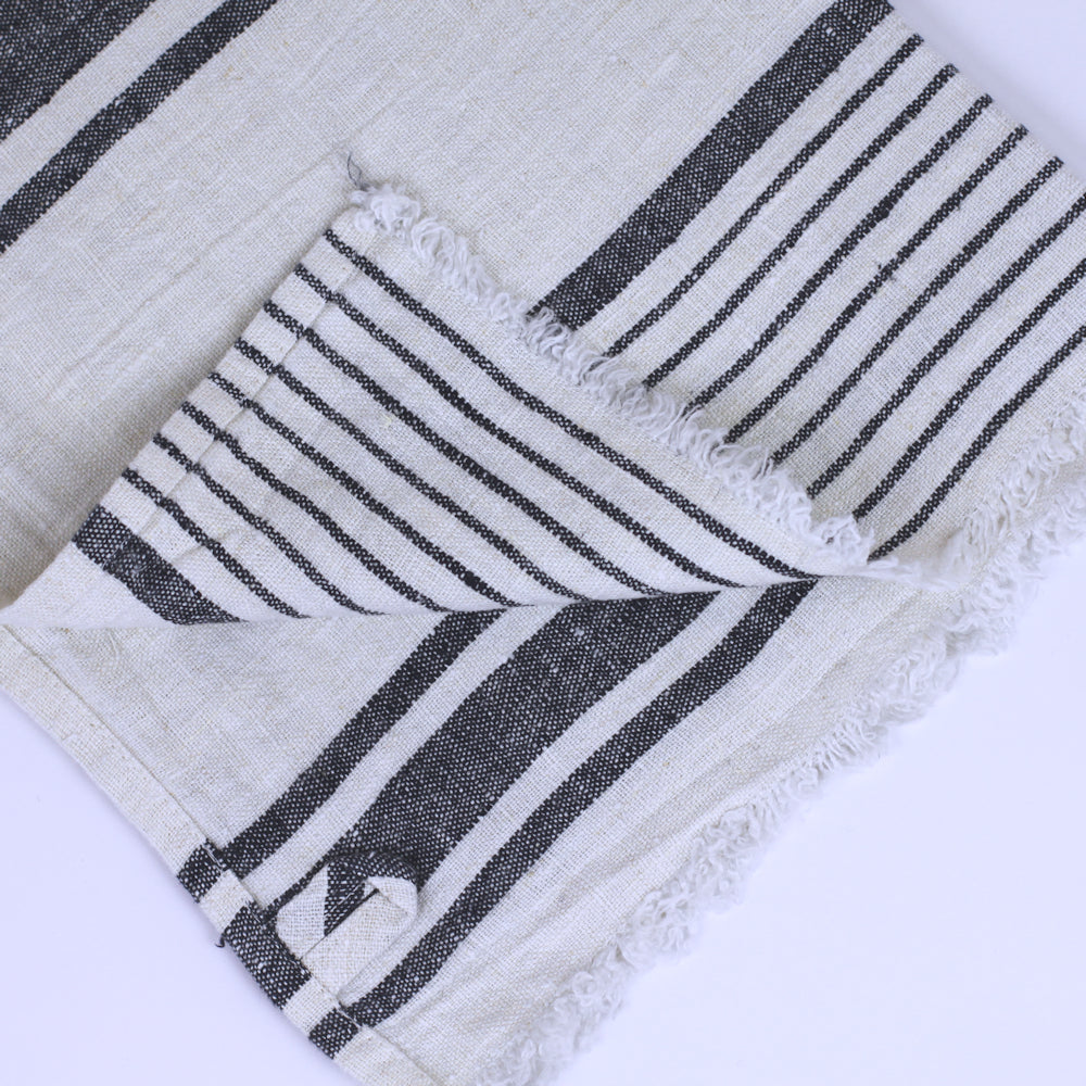 Linen Hand Towel - Stonewashed - Antique White with Black Stripes 2 and Frayed Edges - Luxury Thick Linen