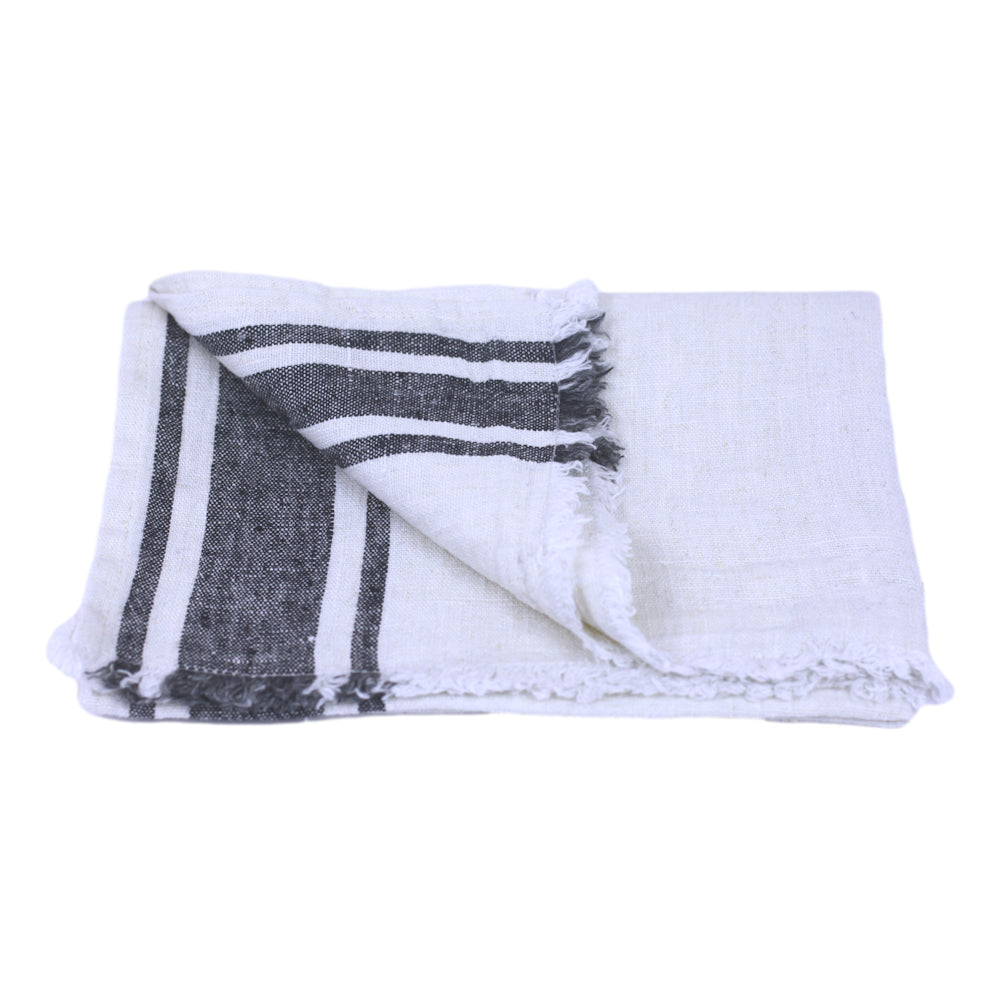 Linen Hand Towel - Stonewashed - Antique White with Black Stripes and Frayed Edges - Luxury Thick Linen