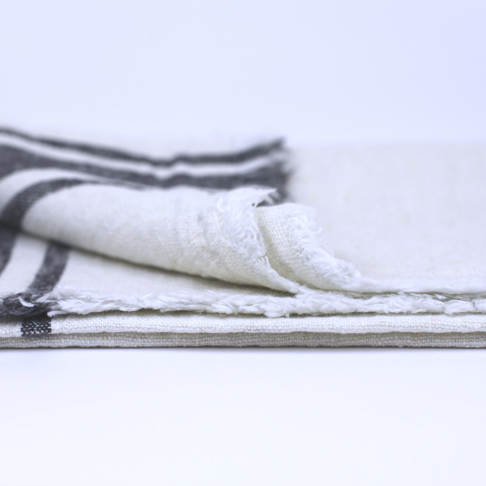 Stonewashed linen - pure 100% flax linen kitchen tea towel hand towel  antique white with black stripes and frayed edges fringes stone washed  pre-washed laundered Europe European linen lint free fast dry