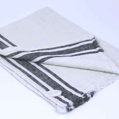 Linen Hand Towel - Stonewashed - Antique White with Black Stripes and Frayed Edges - Luxury Thick Linen