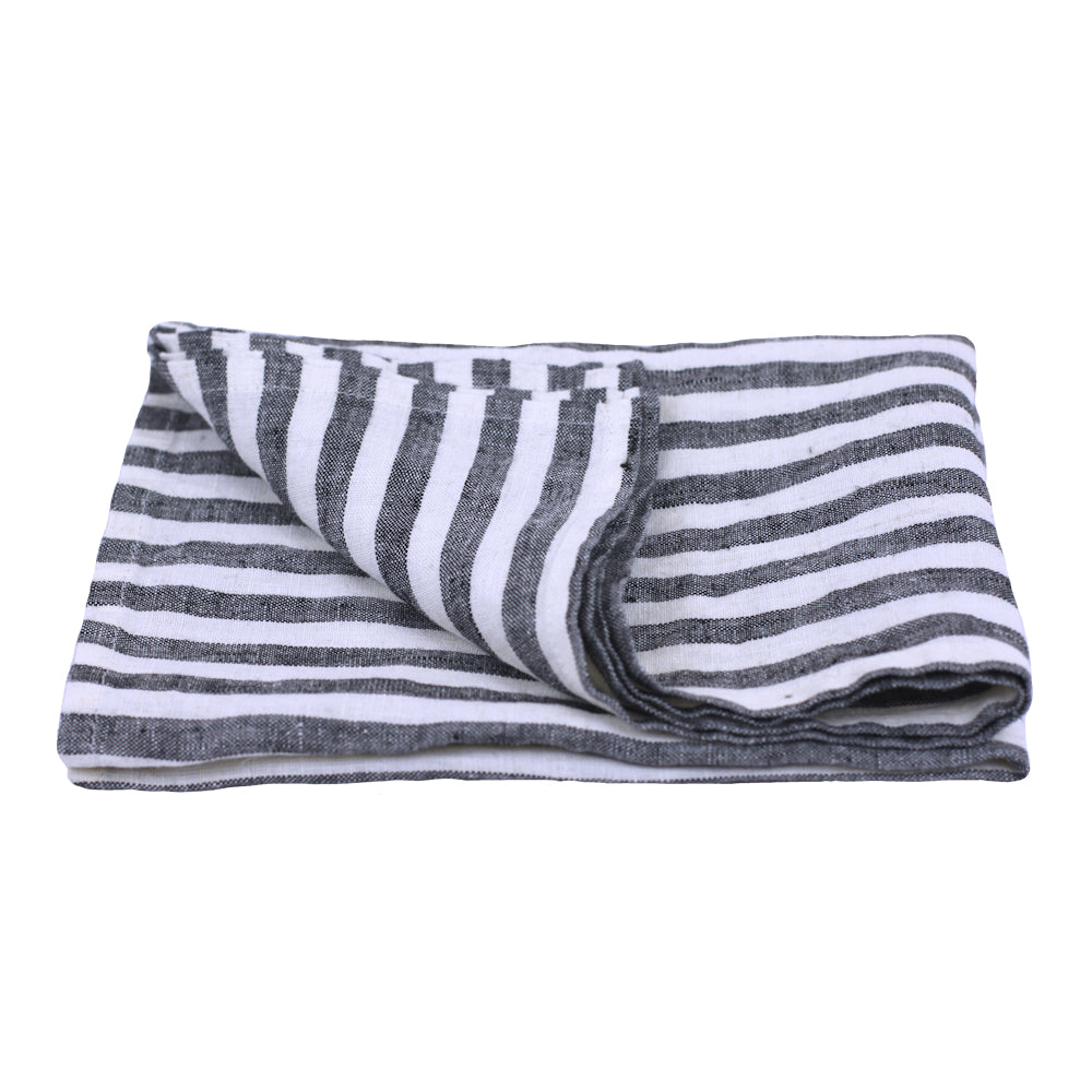 Linen Kitchen Towel - Stonewashed - Black White Medium Stripes - Thin Linen