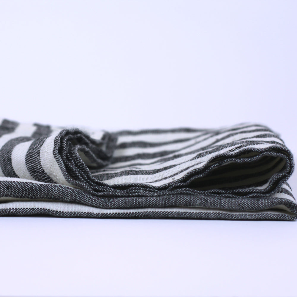 Linen Kitchen Towel - Stonewashed - Black White Medium Stripes - Thin Linen