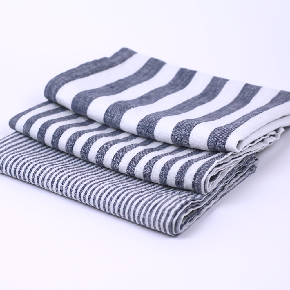 Linen Kitchen Towel - Stonewashed - Blue White Medium Stripes - Thin Linen