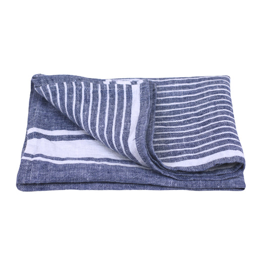 Linen Hand Towel - Stonewashed - Blue with White Stripes 2 - Luxury Thick Linen