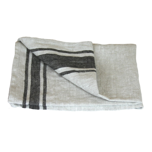 Linen Hand Towel - Stonewashed - Grey with Black Stripes - Luxury Thick Linen
