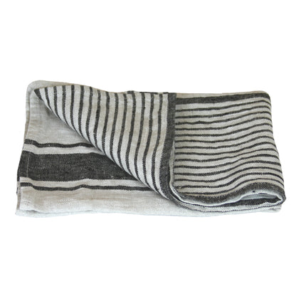 Linen Hand Towel - Stonewashed - Grey with Black Stripes 2 - Luxury Thick Linen