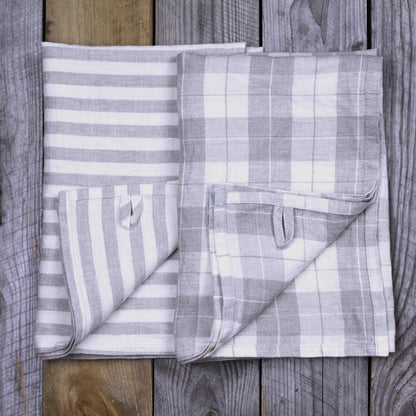 Linen Kitchen Towel - Stonewashed - Grey White Medium Stripes - Thin Linen