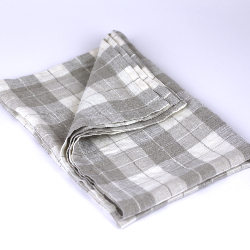 Linen Kitchen Towel - Stonewashed - Grey White Squares - Thin Linen