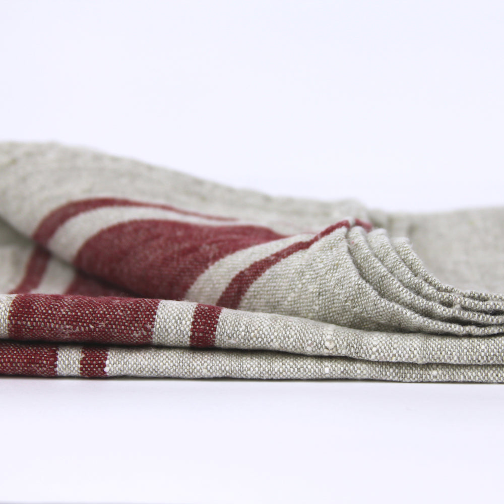Thick Linen Kitchen Cloth - White with Red Stripes