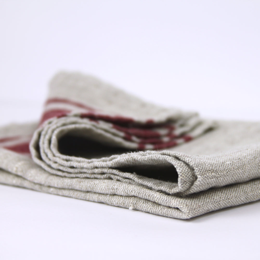 Linen Hand Towel - Stonewashed - Grey with Bordeaux Stripes - Luxury Thick Linen