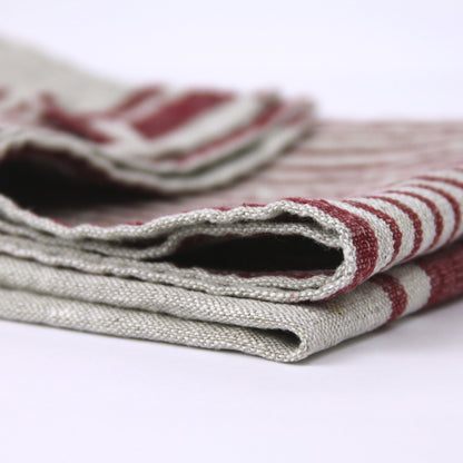 Linen Hand Towel - Stonewashed - Grey with Bordeaux Stripes 2 - Luxury Thick Linen