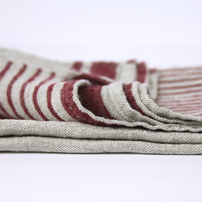 Linen Hand Towel - Stonewashed - Grey with Bordeaux Stripes 2 - Luxury Thick Linen