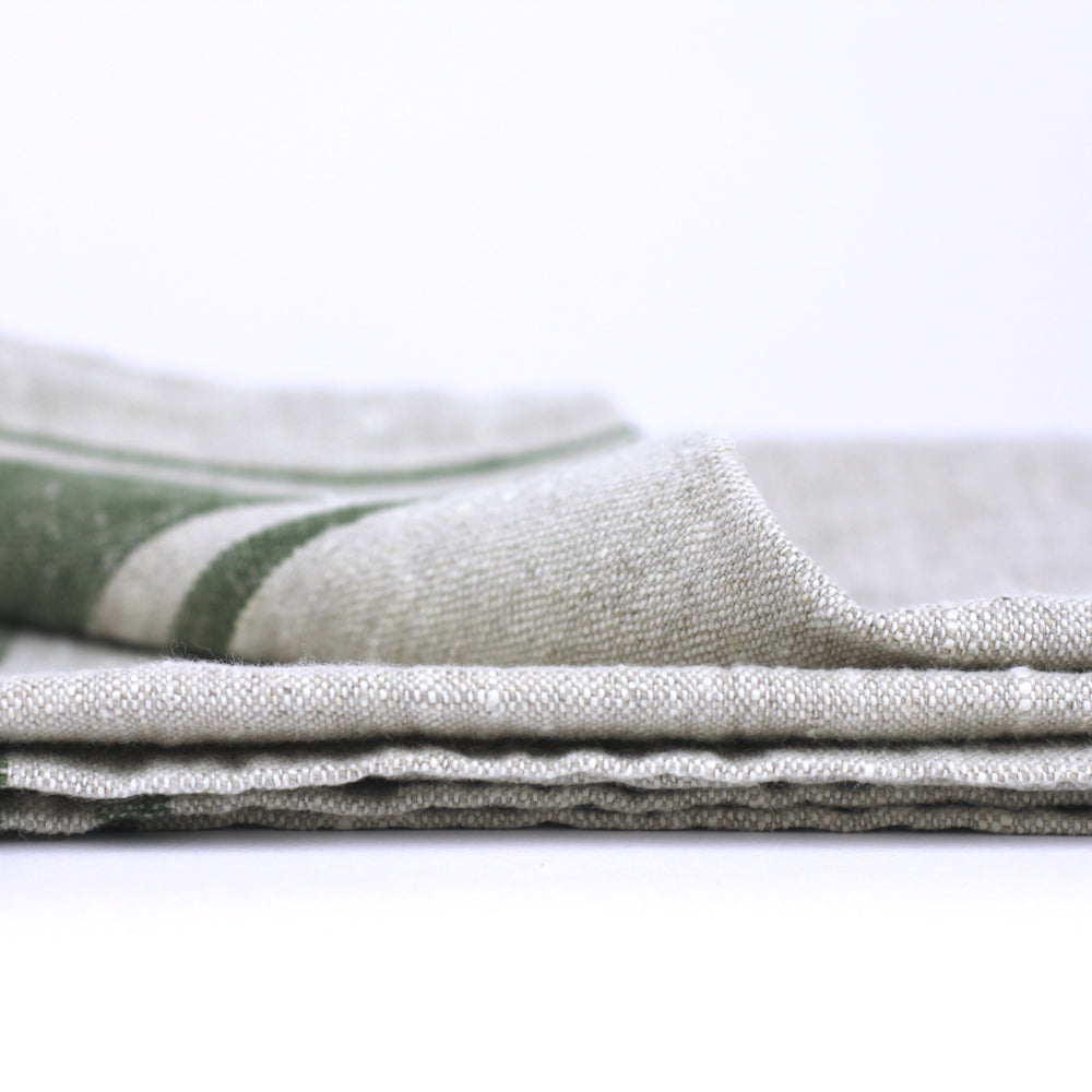 Linen Hand Towel - Stonewashed - Grey with Forest Green Stripes - Luxury Thick Linen