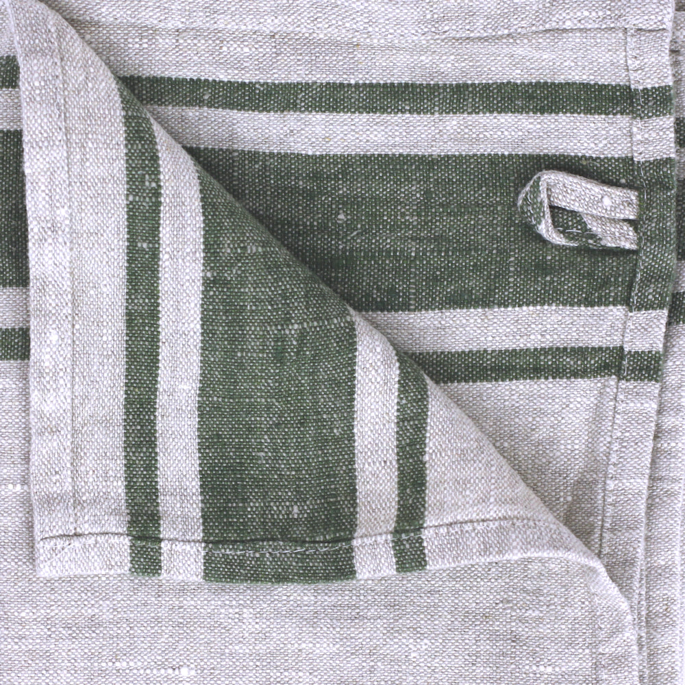 Linen Hand Towel - Stonewashed - Grey with Forest Green Stripes - Luxury Thick Linen