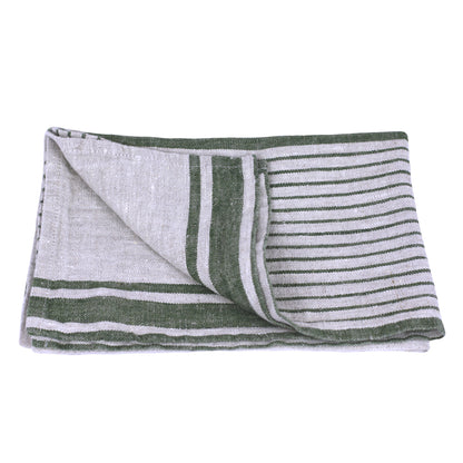 Linen Hand Towel - Stonewashed - Grey with Forest Green Stripes 2 - Luxury Thick Linen