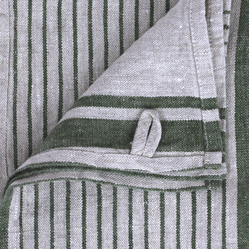 Linen Hand Towel - Stonewashed - Grey with Forest Green Stripes 2 - Luxury Thick Linen
