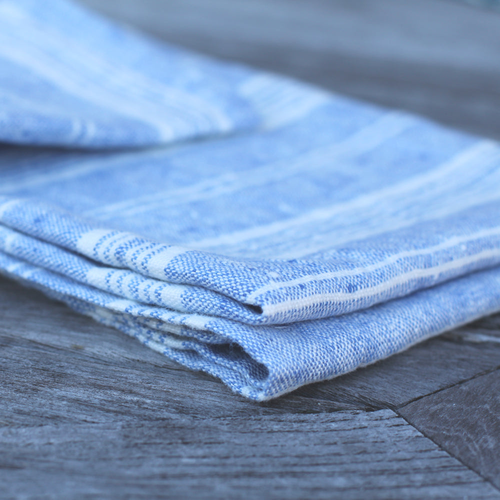 Linen Hand Towel - Stonewashed - Heather Light Blue with White Stripes - Luxury Thick Linen