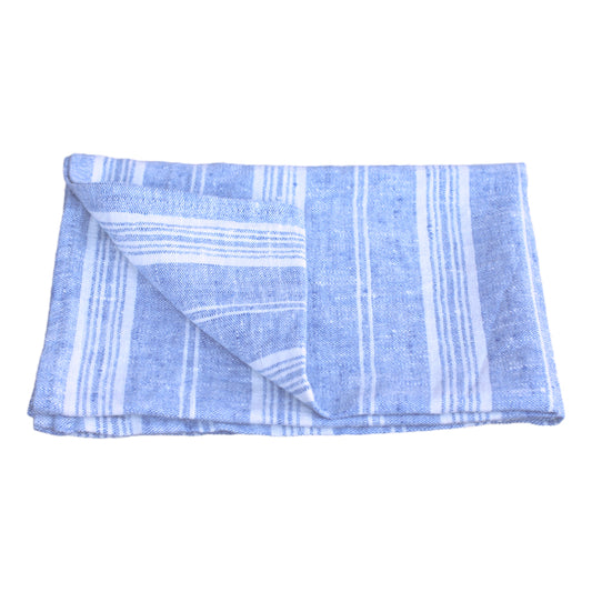 Linen Hand Towel - Stonewashed - Heather Light Blue with White Stripes - Luxury Thick Linen