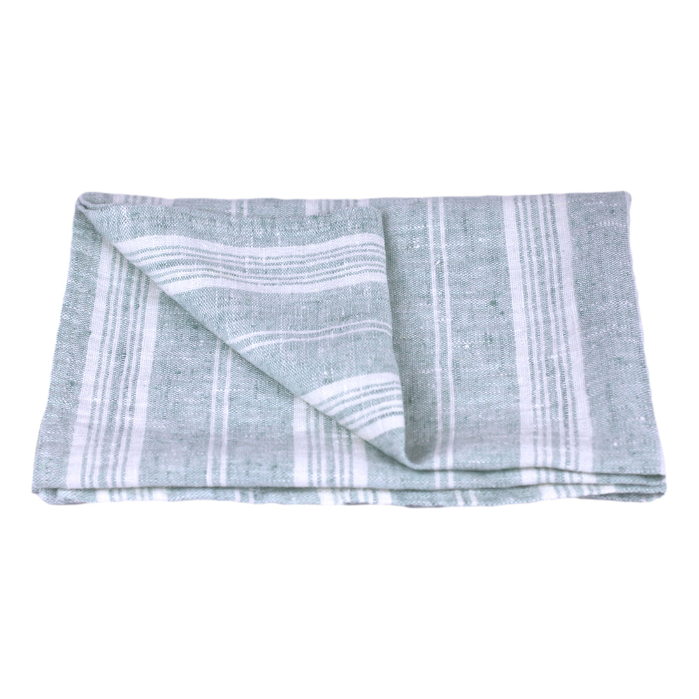Linen Hand Towel - Stonewashed - Heather Light Green with White Stripes - Luxury Thick Linen