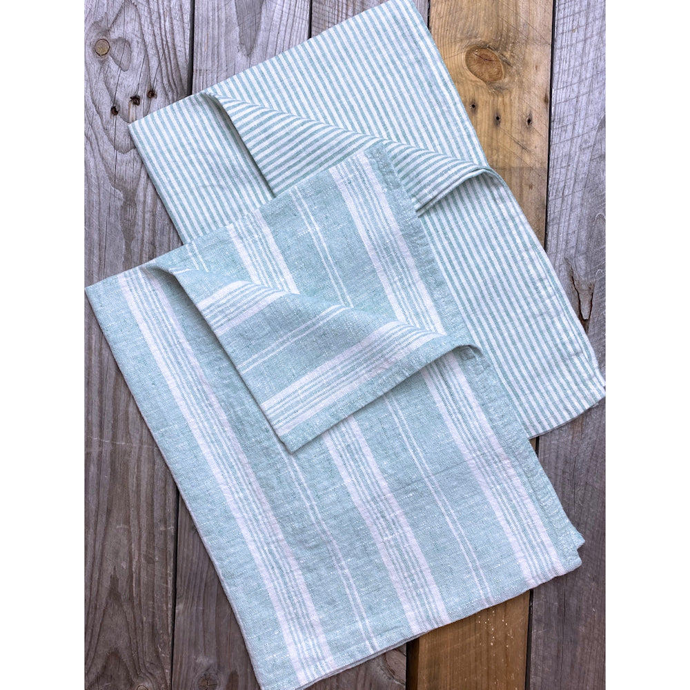 Linen Hand Towel - Stonewashed - Heather Light Green with White Stripes - Luxury Thick Linen