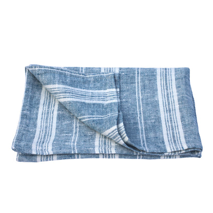 Linen Hand Towel - Stonewashed - Heather Marine Blue with White Stripes - Thick Linen
