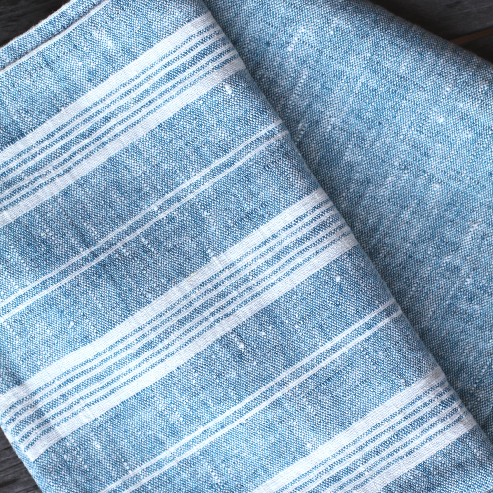 Linen Bath or Beach Towel - Stonewashed - Heather Marine Blue with White Stripes - Luxury Thick Linen