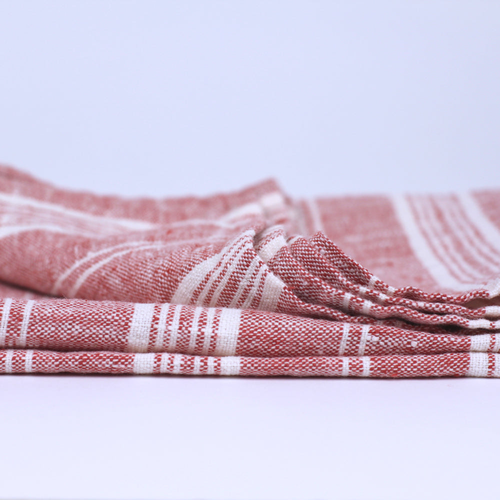Linen Hand Towel - Stonewashed - Heather Red with White Stripes - Luxury Thick Linen