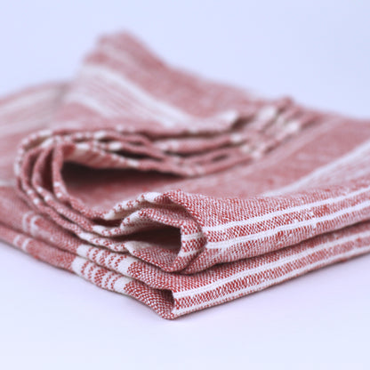 Linen Hand Towel - Stonewashed - Heather Red with White Stripes - Luxury Thick Linen