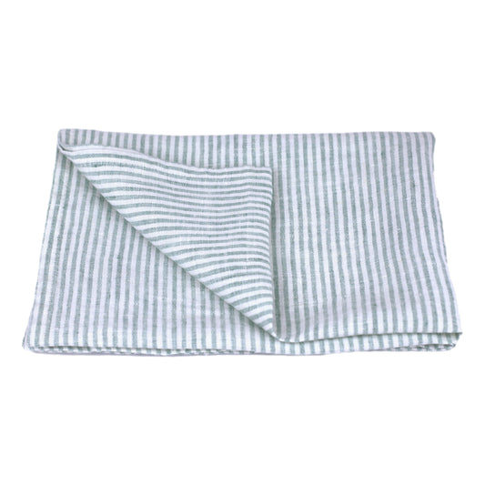 Linen Kitchen Towel - Stonewashed - Light Green White Thin Stripes - Thin Linen