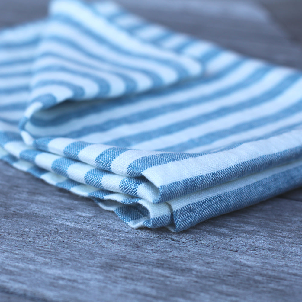 Linen Kitchen Towel - Stonewashed - Marine Blue White Medium Stripes - Thin Linen
