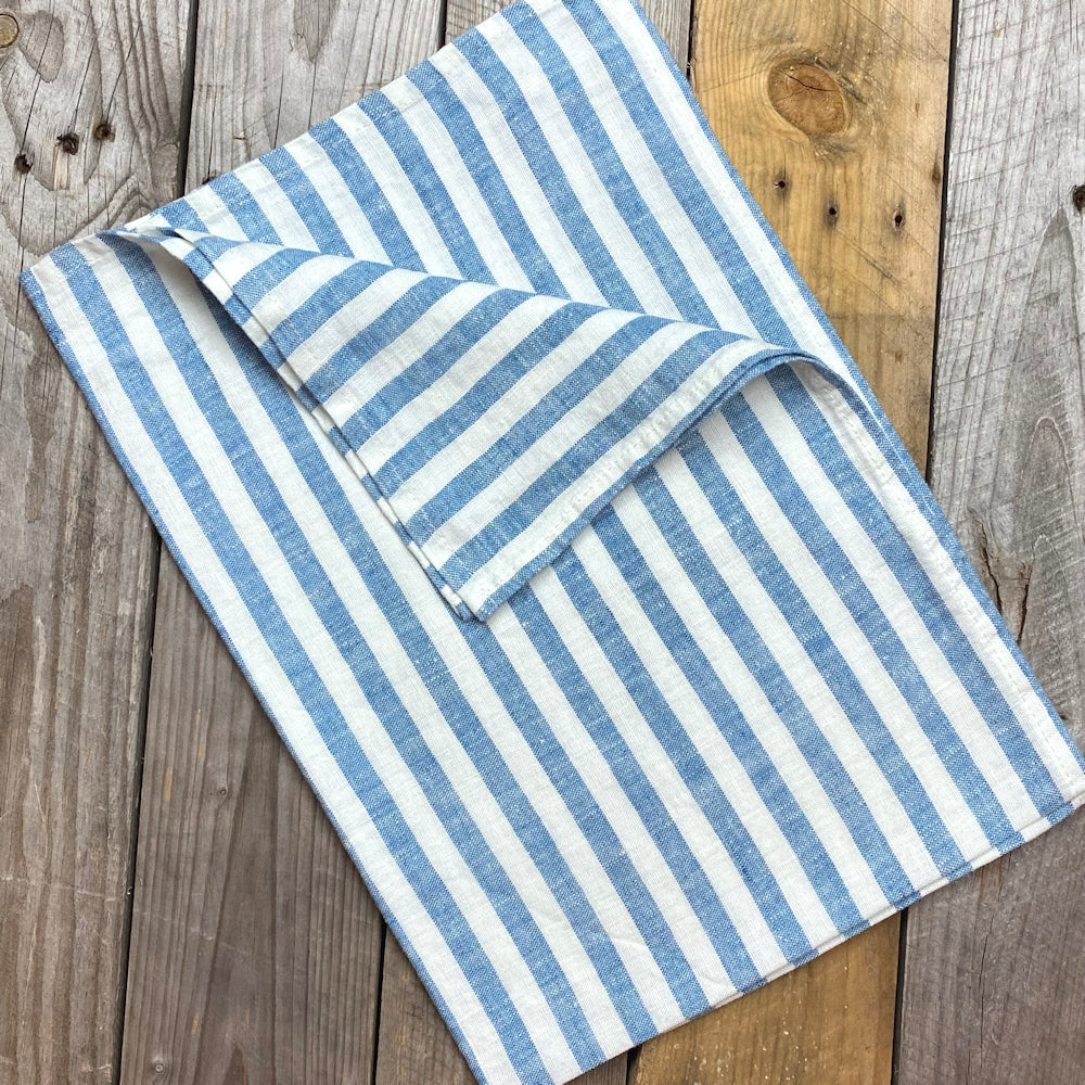 Stonewashed linen - pure 100% flax linen kitchen tea towel or hand towel  white navy blue stripes stone washed pre-washed laundered Europe European  linen lint free fast dry antibacterial wipe glassware pinstripes