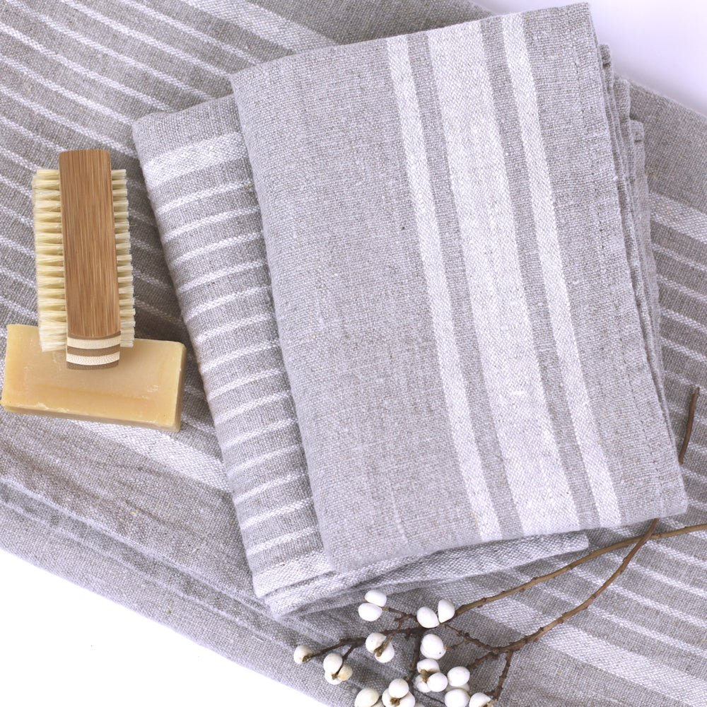 Linen Bath Towel - Stonewashed - Natural with Light Natural  Stripes - Luxury Thick Linen
