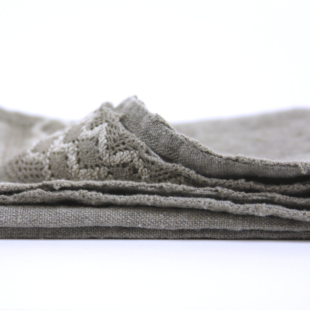Linen Hand Towel - Stonewashed - Natural with Natural Lace - Thick Linen
