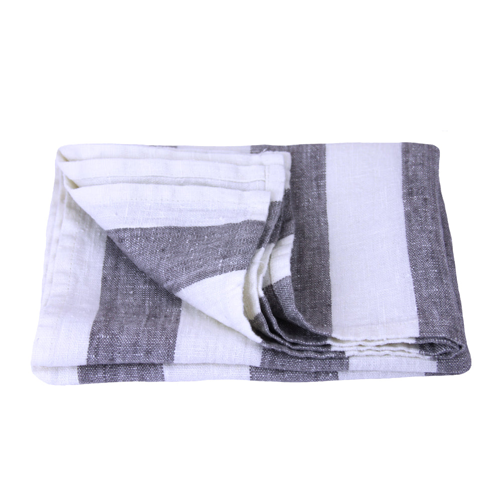 Linen Hand Towel - Stonewashed - White Grey Thick Stripes - Luxury Thick Linen