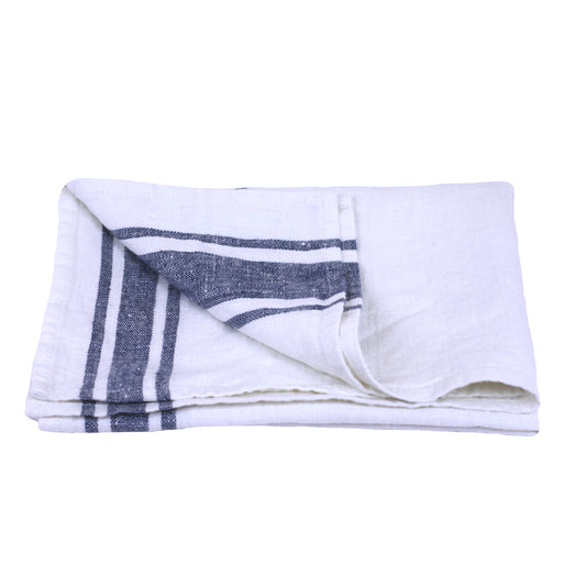 Linen Hand Towel - Stonewashed - White with Blue Stripes - Luxury Thick Linen