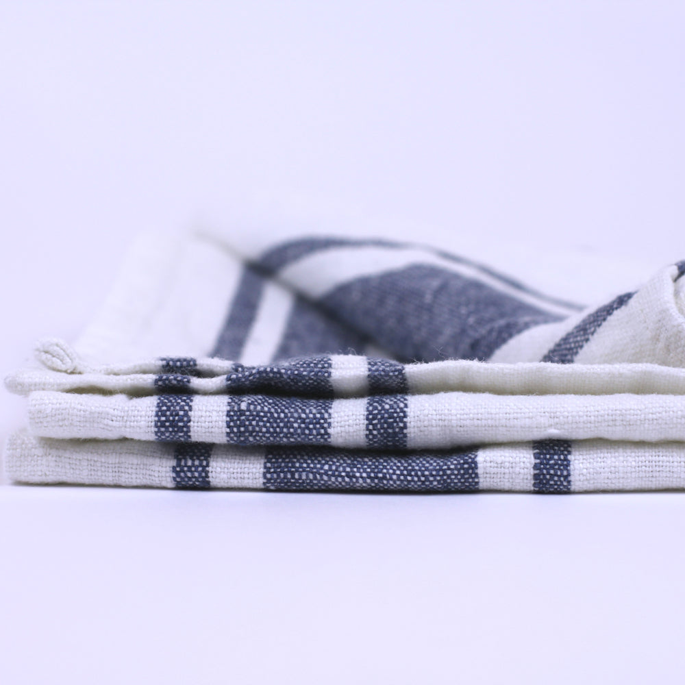 Linen Hand Towel - Stonewashed - White with Blue Stripes - Luxury Thick Linen