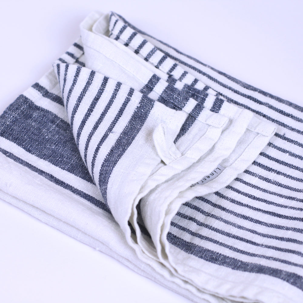 Linen Hand Towel - Stonewashed - White with Blue Stripes 2 - Luxury Thick Linen