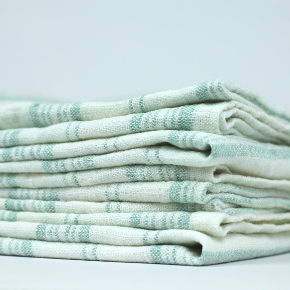 Linen Hand Towel - Stonewashed - White with Light Green  Stripes - Luxury Thick Linen