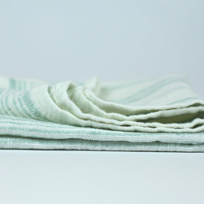Stonewashed linen - pure 100% flax linen kitchen tea towel hand towel  heather light green with white stripes stone washed pre-washed laundered  Europe European linen lint free fast dry eco-friendly natural living –