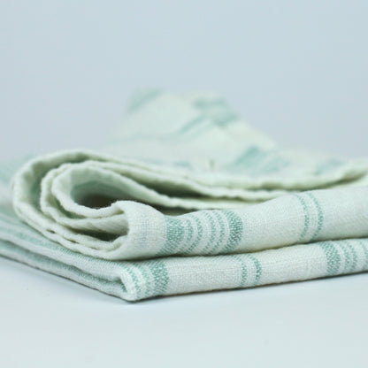 Linen Hand Towel - Stonewashed - White with Light Green  Stripes - Luxury Thick Linen