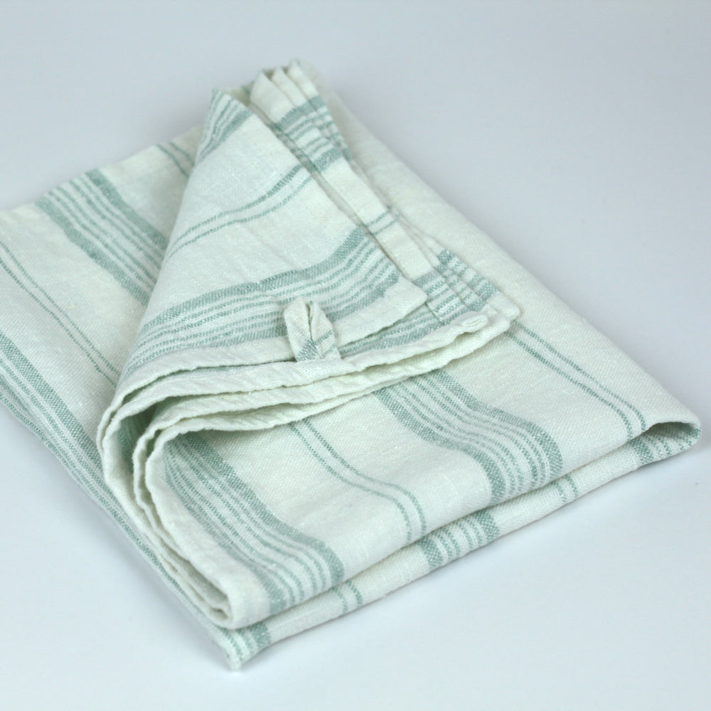 Linen Hand Towel - Stonewashed - White with Light Green  Stripes - Luxury Thick Linen