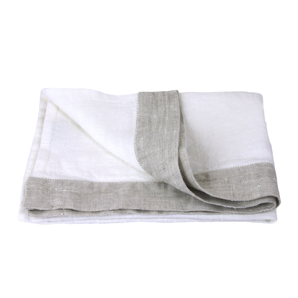 Linen Hand Towel - Stonewashed - White with Light Natural Trim and Dot Hemstitch - Medium Thick Linen