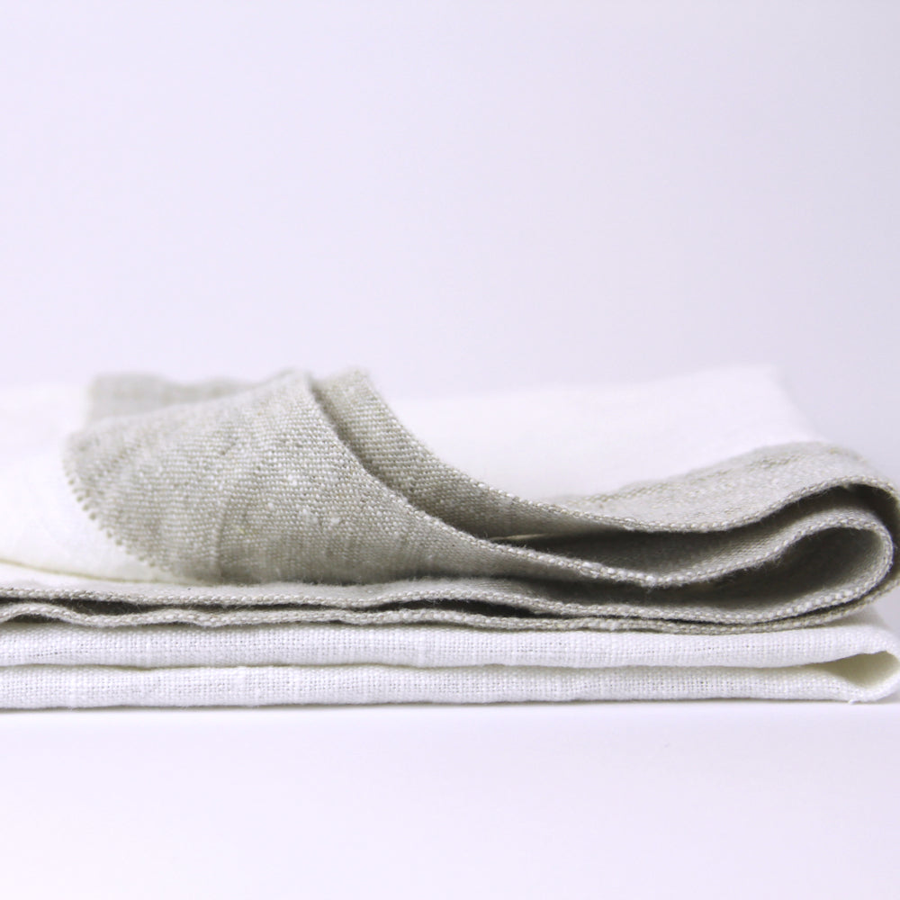 Linen Hand Towel - Stonewashed - White with Light Natural Trim and Dot Hemstitch - Medium Thick Linen