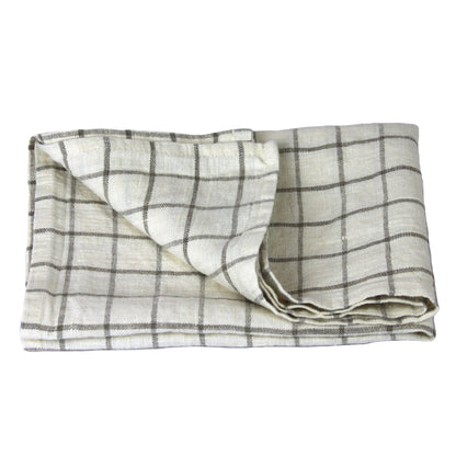 Linen Hand Towel - Stonewashed - Off White with Natural Squares - Medium Thick Linen